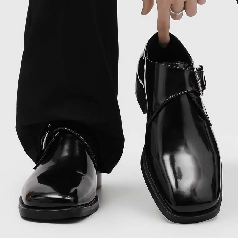 Men's Patent Leather Dress Shoes, Formal Single Buckle Monk Strap with Square Toe for Office Work