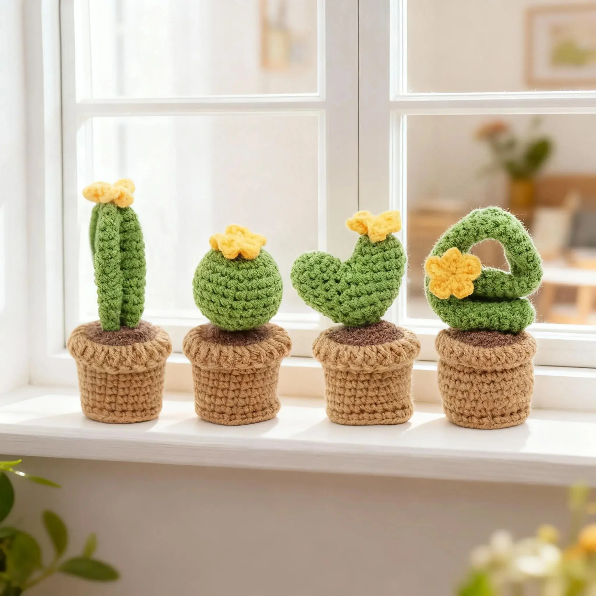Handmade Crochet Cactus Potted Plant, 4 Counts Mini Cute Crochet Potted Plant, Desktop Decoration for Home Office Car, Gift for Girlfriend, Best Friend, Parents