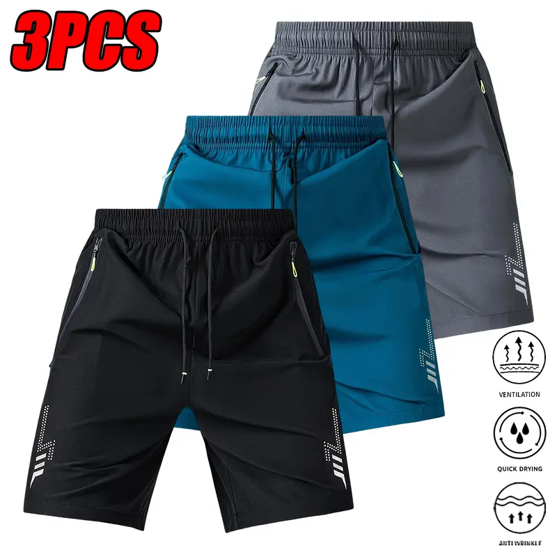 3pcs men’s summer shorts, lightweight breathable fabric, reinforced zippered pockets, drawstring waistband, lightweight and comfortable, casual loose fit, suitable for running and tennis, outdoor sports shorts