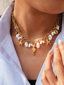 1 Stainless Steel Seashell Marine Life Pendant Necklace 18K Gold Plated Necklace Fashion Men Women Necklace Pendant Necklace Gift Minimalist Stainless Steel Necklace The Best Choice for Vacation and Gifting