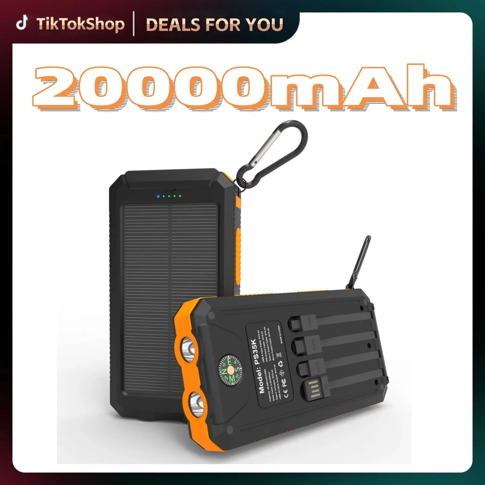 Solar Charger Power Bank 20,000mAh, Portable Charger, 4 Cables 3 Ports Fast Charging External Battery Pack with USB C for Cell Phones, Solar Panel Cha