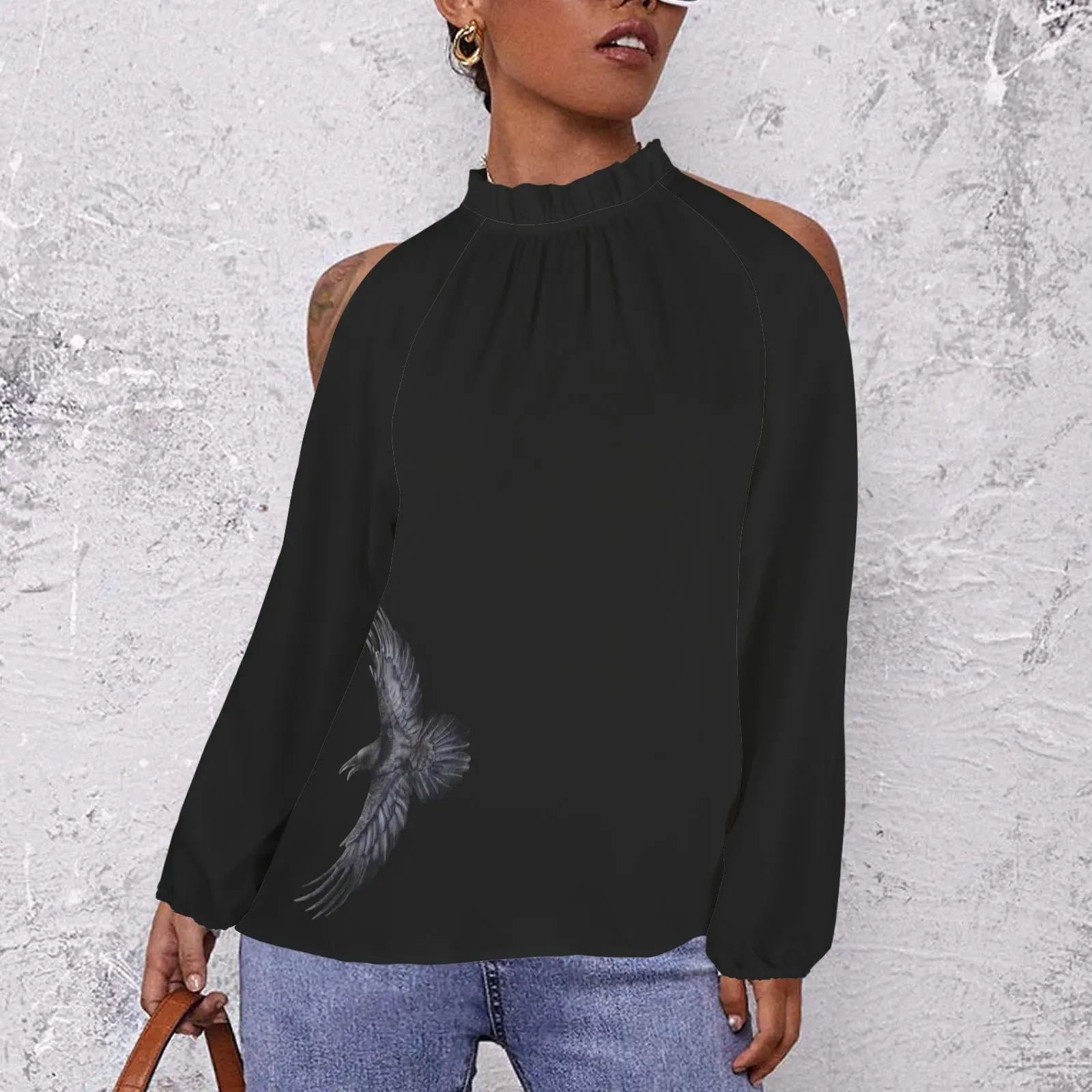 Flying Crow Long Sleeve Pleated Off Shoulder, Corporate Goth Blouse