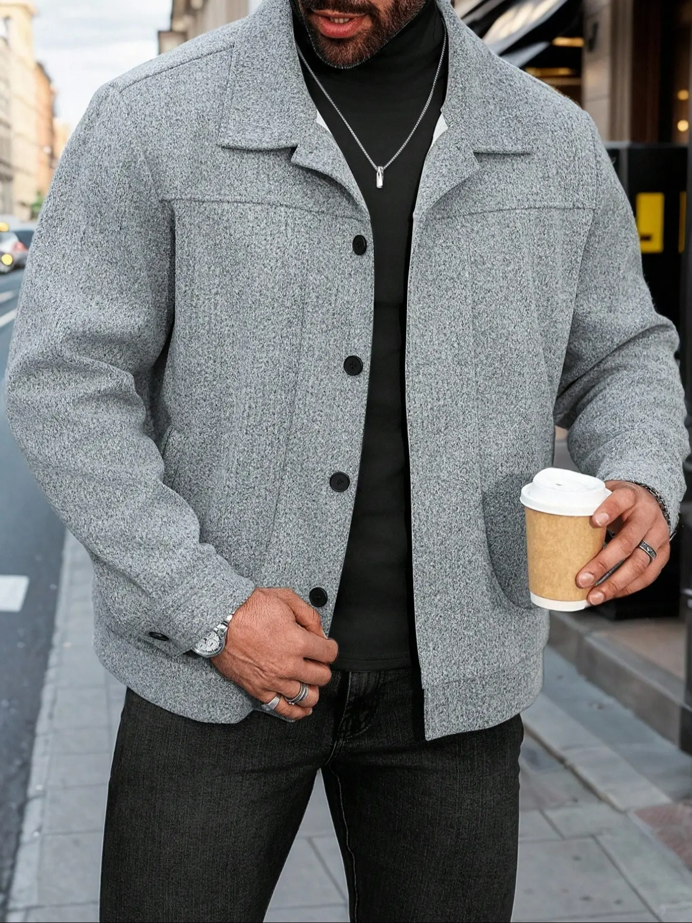 【Plus Size】Men's Plus Size Casual Button-Up Long Sleeve Wool Blend Jacket, Autumn/Winter,Men's Fall And Winter Light Luxury Mature Casual Tweed Lapel Pocket Warm Elastic Cuffs Woolen Coat