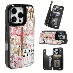 Phone case - featuring a bow and cross design, including a card slot and various bank and transportation cards for different purposes. Suitable for iPhone 17/16/15/14/13/12/Pro/ProMax/Plus/Air series, birthday gifts, holiday gifts, couple phone cases