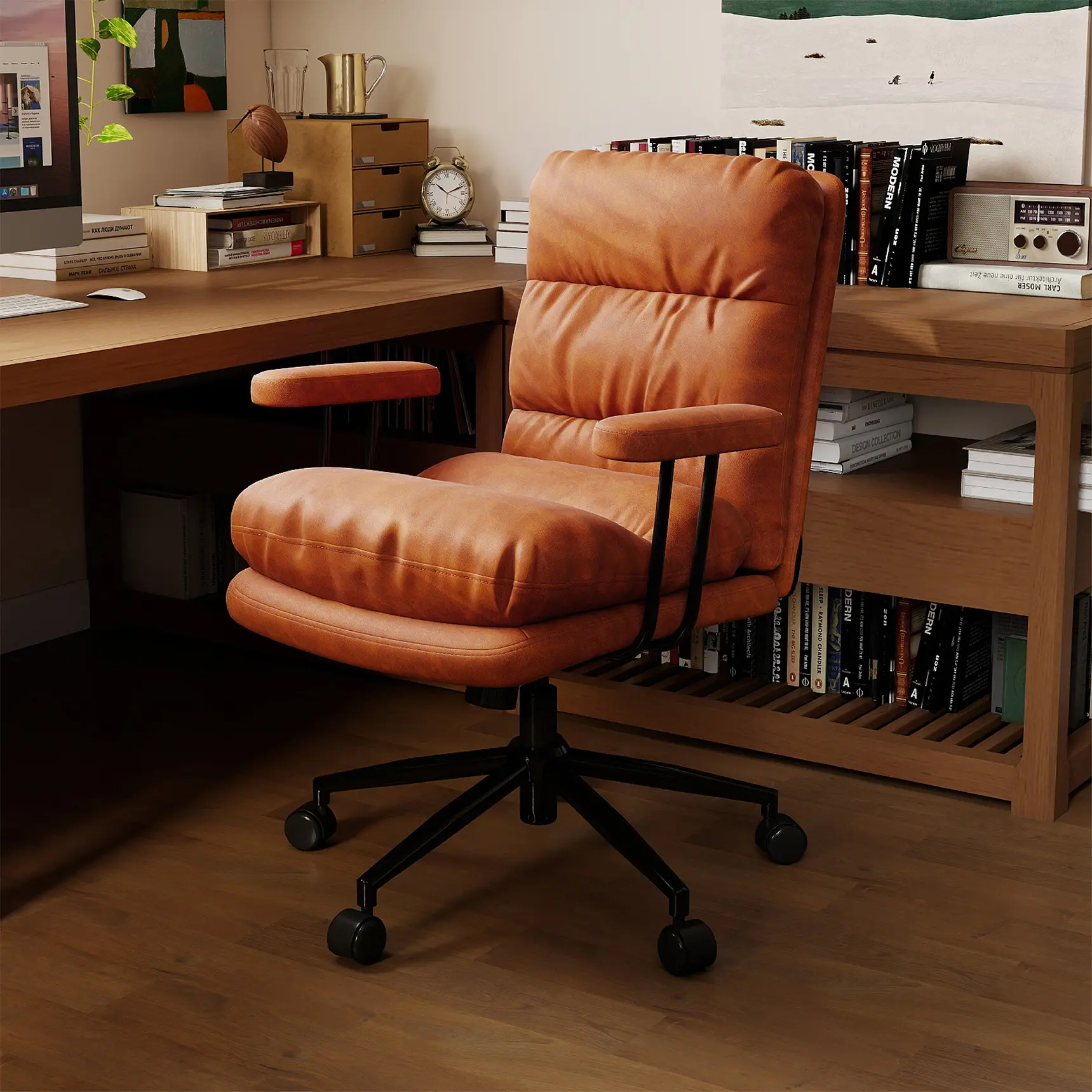 ERMNOIS Indoor Furniture Desk Chair with Thicken Seat and Armrests, Leather Office Chair with Adjustable Height, Swivel Computer Chair with Wheels for Home and Work
