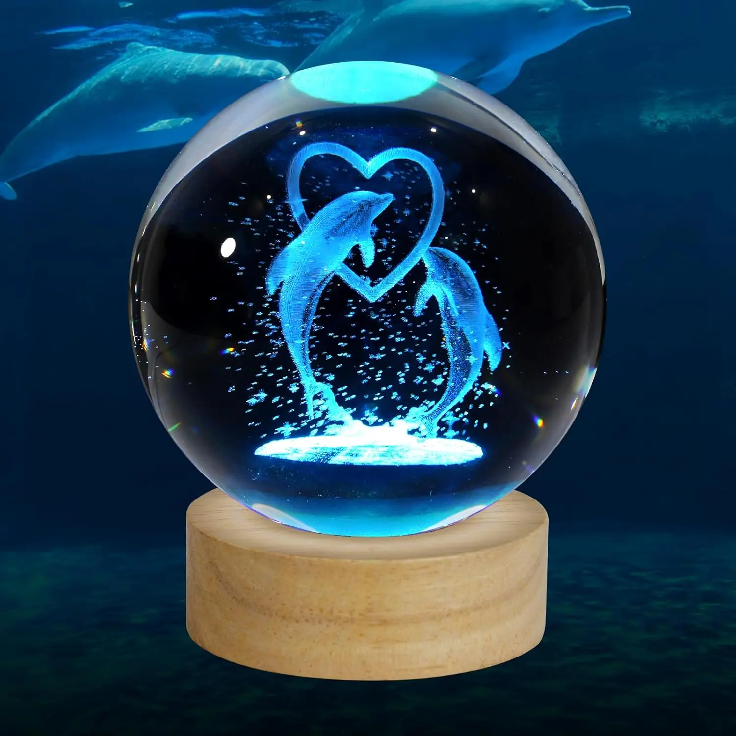 3D Crystal Dolphin Ball Light with Colorful LED Base - Remote-Controlled Color-Changing Table Lamp, Room Accessories, Unique Women's Gifts for Girlfriends (Valentine's Home Decor Statue, GF Gift)