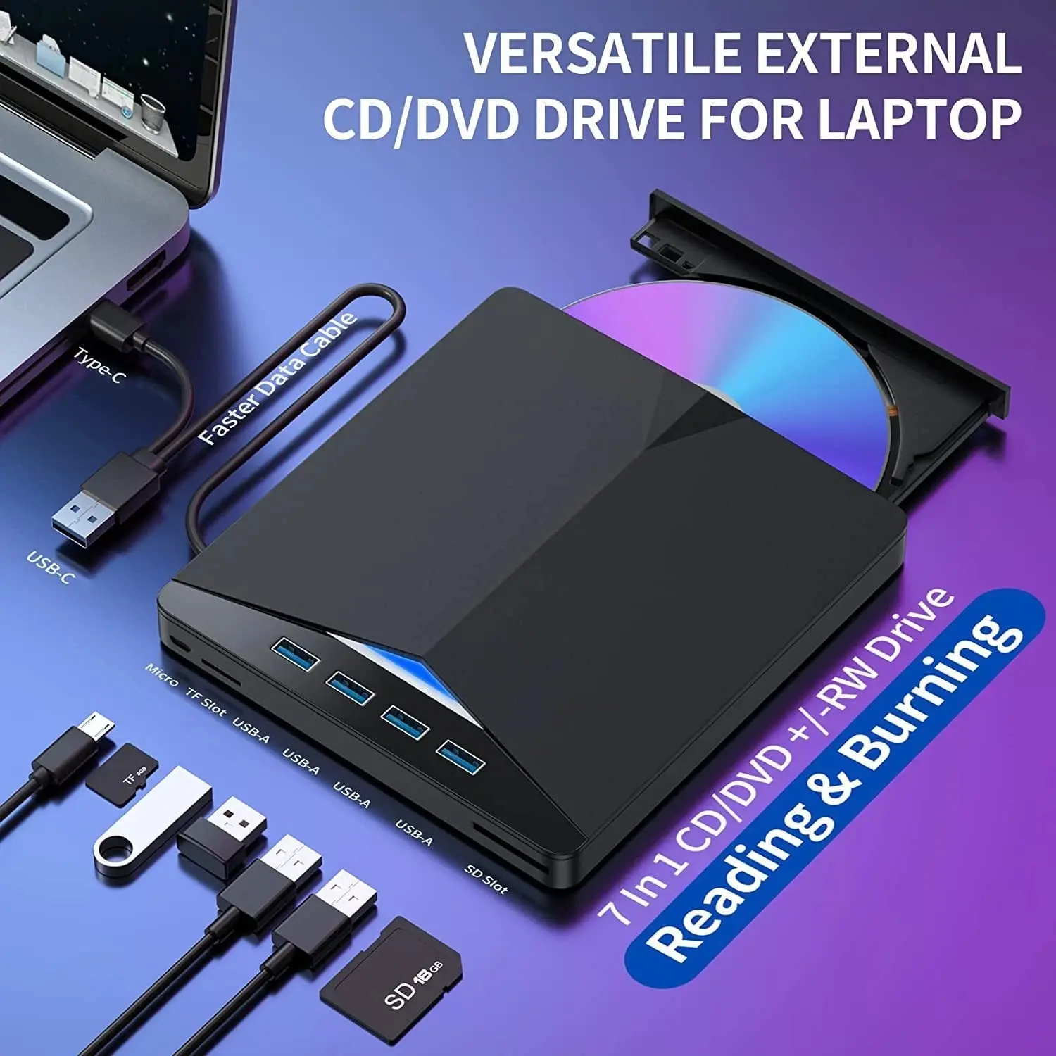 Slim External CD DVD RW Drive USB 3.0 Writer Burner Player Black For Laptop PCs