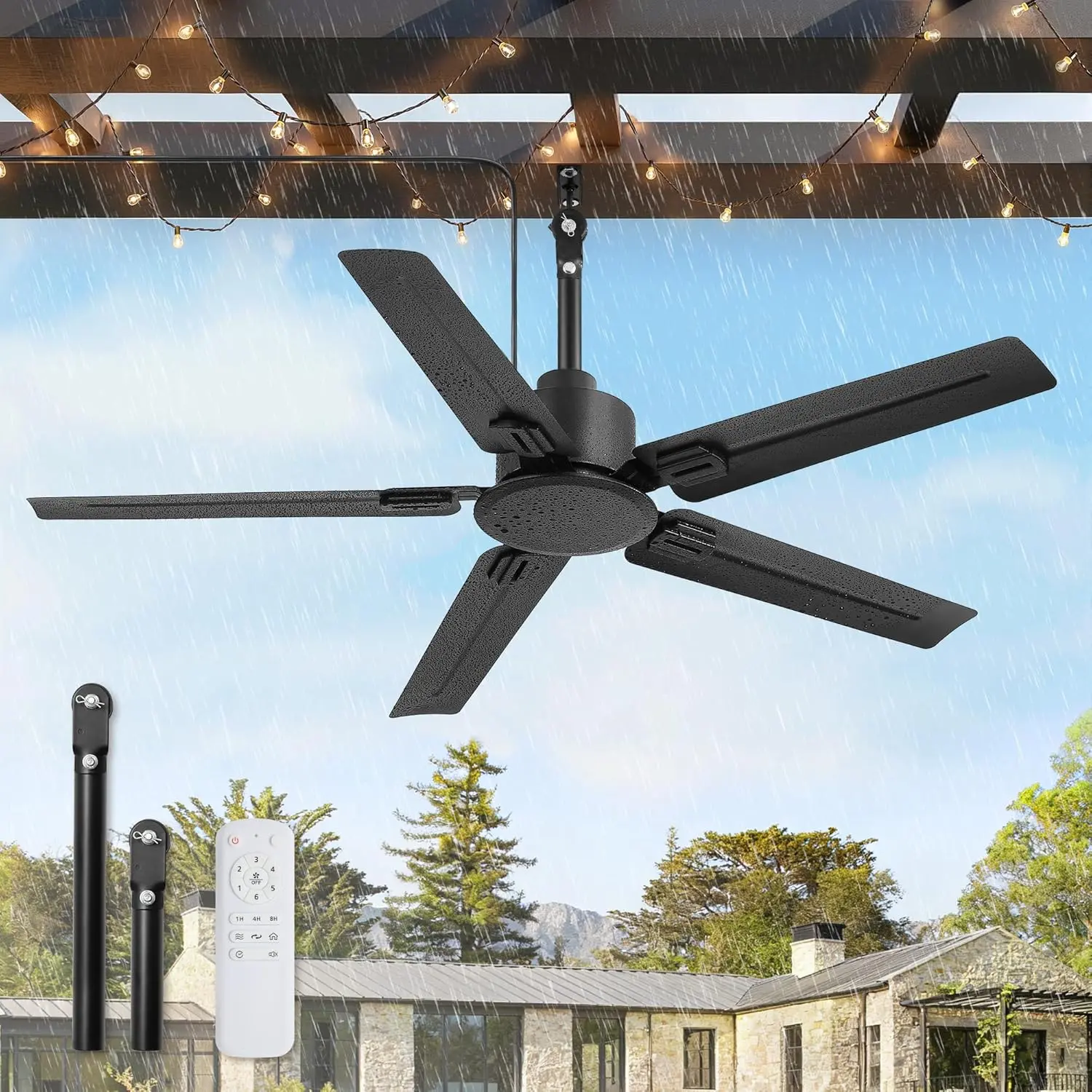48'' Outdoor Ceiling Fan No Light,IP65 Wet Rated  Ceiling Fan with Remote, 6-Speed DC , Farmhouse Gazebo Fan for Porch Patios Pavilion(Black)