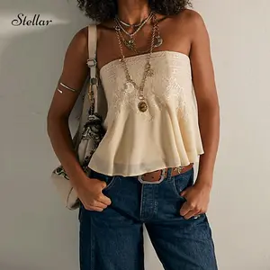 Womens Y2k Lace Mesh Tube Top Sexy Strapless Floral Embroidery Top Summer Smocked Backless Ruffle Camisole