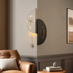 Dual Time Zone Corner Wall Clock, Wall Sconces, Double Sided Wall Clock, Metal Clock with LED Night Lights, for Bedroom, Livingroom, Office, Holiday, Gifts