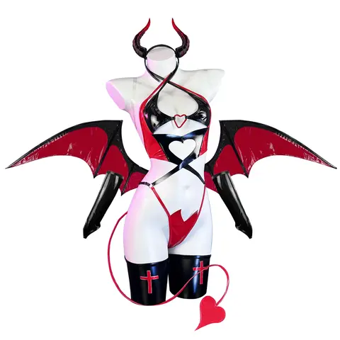 KORURACLUB 2026 Women's Fitted Succubus Devil of Lust Cosplay Lingerie 6-Piece Set (KO69 Version 2) - Headband, PU Fabric, Fourth Wing Witchy Special Clothing, Stockings, Costumes for Women