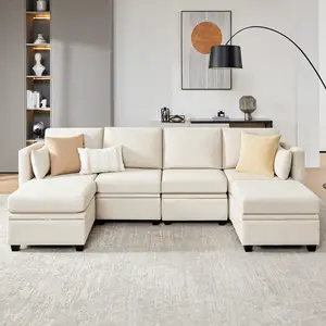 【4 Packages】Modular Sectional Sofa with Storage, U Shaped Sectional Couch for Living Room, Convertible Modular Sofa Couch with Ottomans, High Supportive & Soft Sponge, 6 Seat