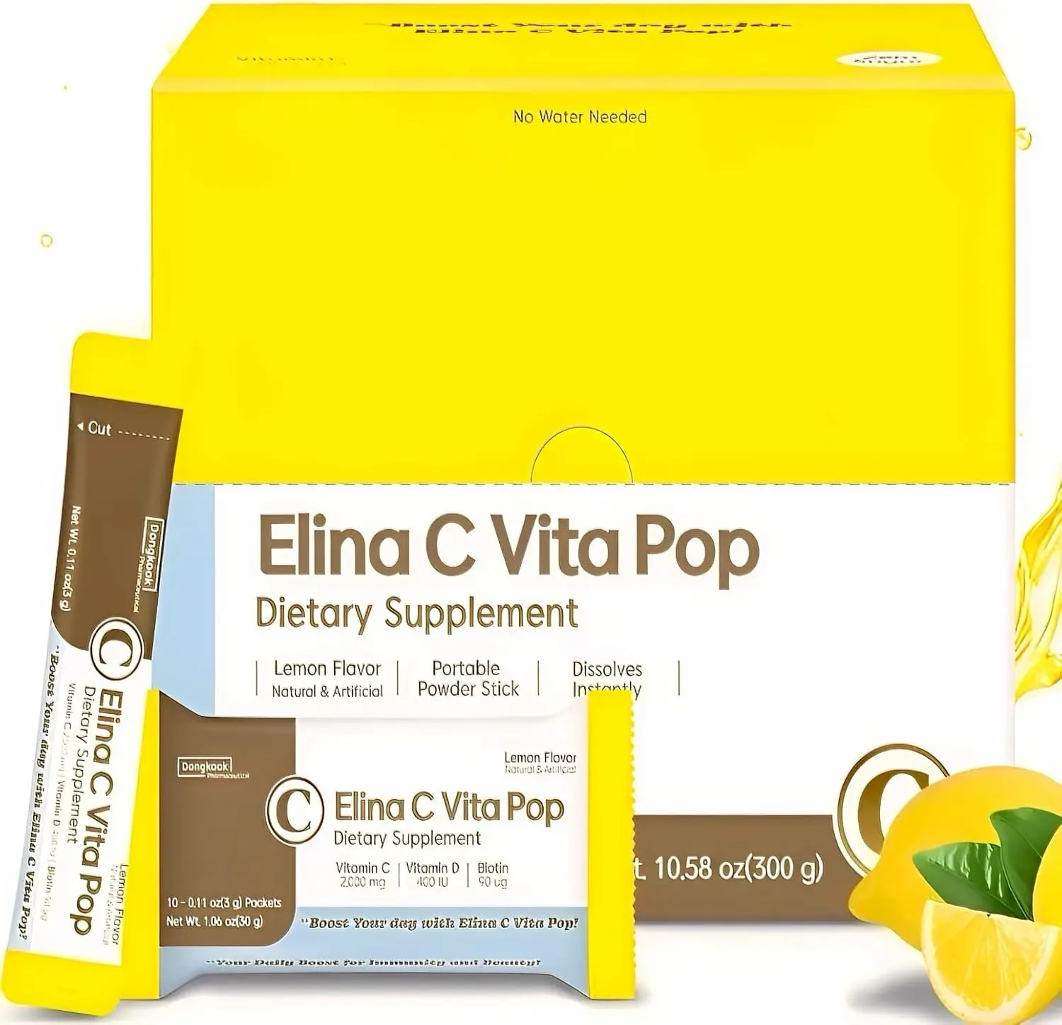 Dongkook Vita Pop Korean Vitamin C Powder 2,000mg High Absorption, Zero Sugar, Vitamin D & Biotin for Skin Health, Lemonade Drink Dietary Vitamin C Supplement for Immune Support, Non-GMO 100 Packets