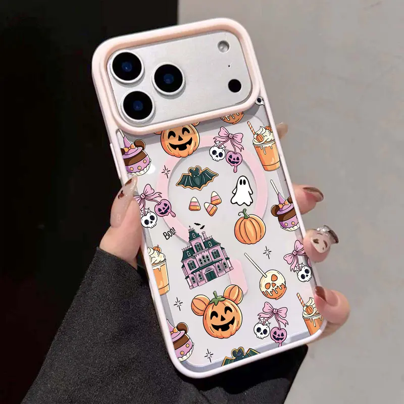 Cute Pumpkin-Shaped Halloween Phone Case With MagSafe Compatible | Trick or Treat Pumpkin Ghost Aesthetic Pattern Clear Cover for iPhone 11-17 Pro Max Protective HL