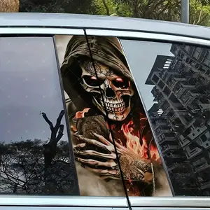 2pc Cool Flame Skull Car B-Pillar Sticker, Vinyl Decal, Easy Peel & Stick, Sunproof Waterproof Scratch-Resistant, Car Decoration, Car Decals
