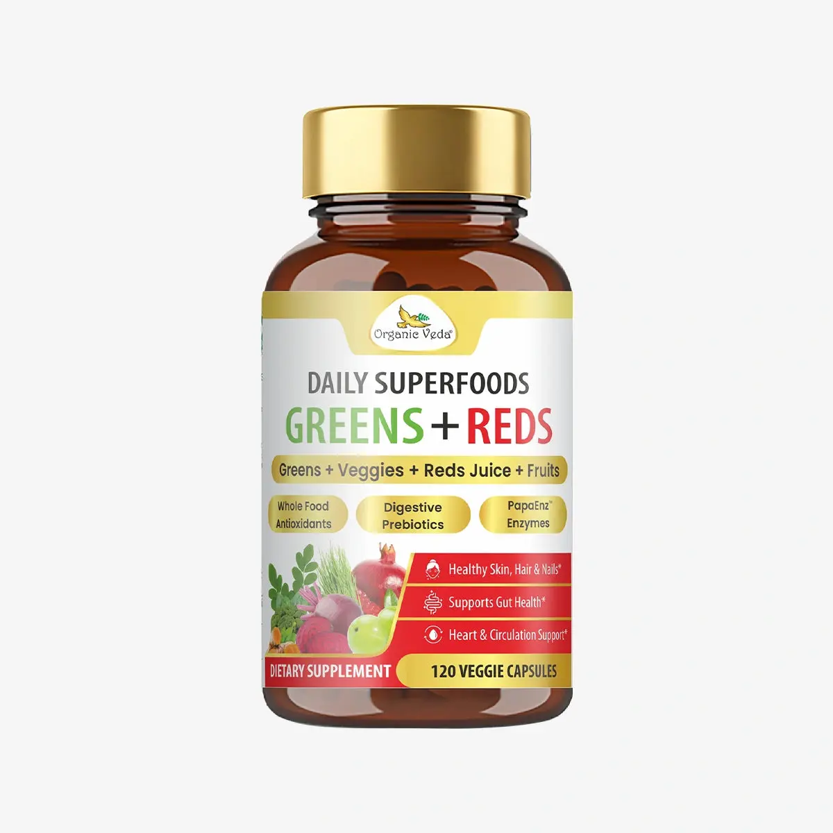 Organic Veda Mixed Greens, Reds, Fruits & Veggies Supplement - Organic Daily Super Greens & Red Juice Superfood Powder Blend - Papaya Digestive Enzymes, Prebiotic, Bromelain, Antioxidants -120 Capsule