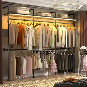 iSunirm Industrial Pipe Clothing Rack with LED Lights & Shelves - Heavy Duty Closet Wardrobe Organizer for Walk-in Closet Systems Black