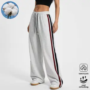 Women’s and couples’ cotton sweatpants with side stripes—versatile wide-leg long pants that are casual, loose, comfortable, and drawstring, suitable for everyday wear with a skin-friendly, relaxed fit.
