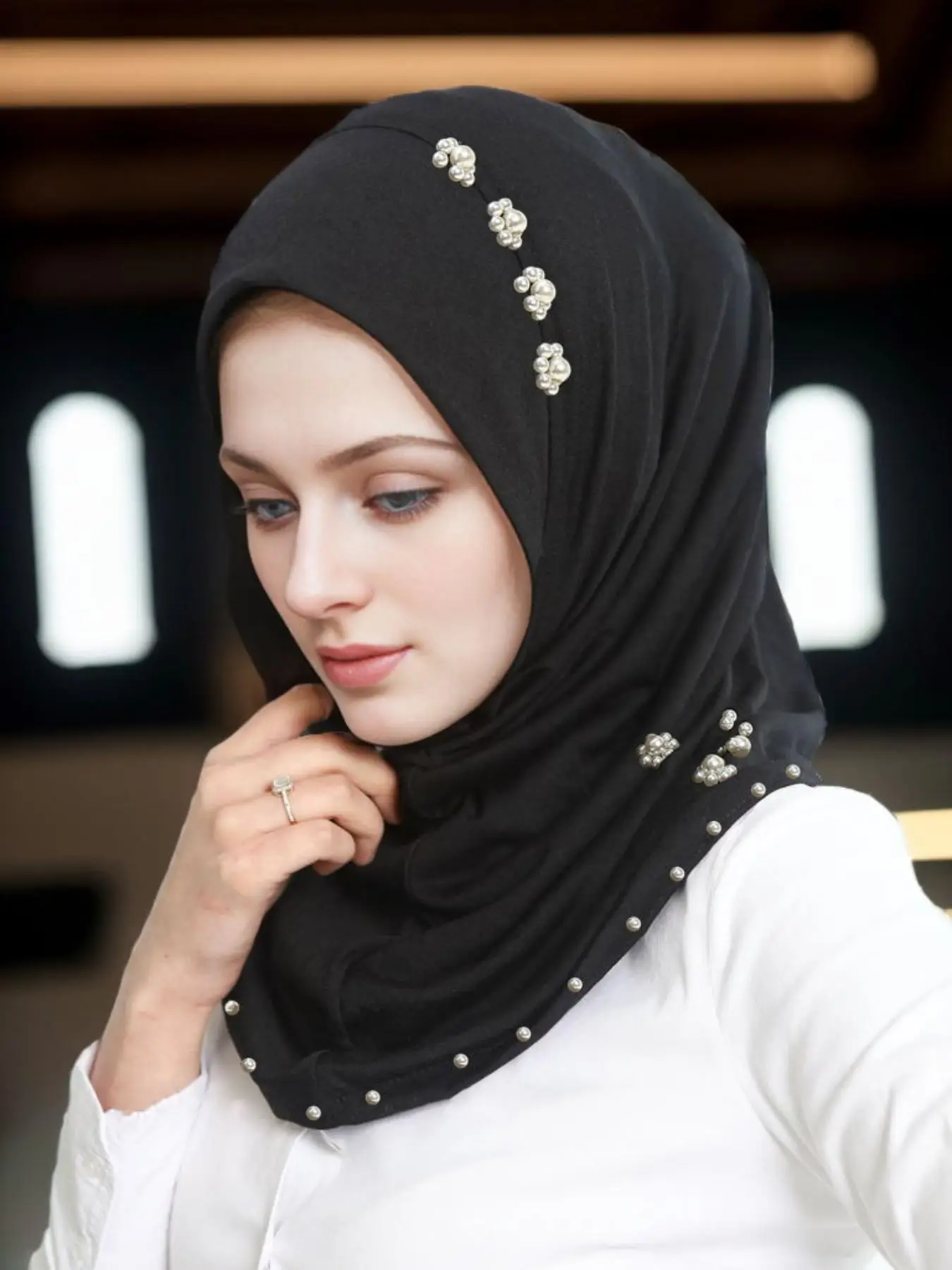 Women's Elegant Faux Pearl Decor Instant Hijab, Exquisite Trendy Instant Hijab, Fashionable Clothes Accessories for Daily & Party Decoration