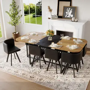 ARCH 9-Piece Square Dining Table Set, Fixed Two-Tone Wood Grain & Black Wood Grain Triamine Tabletop with 8 Black Faux Leather Chairs, Modern Kitchen Table Set for 8 People, Ideal for Family Gatherings