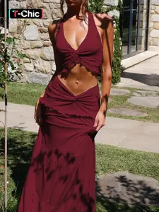 Women's Solid Halter Neck Sleeveless Crop Top & Long Skirt Two-piece Set, Casual Chic Elegant Fashion Cozy Two Piece Outfits for Daily Outdoor Wear, Ladies Clothes for Summer Womenswear