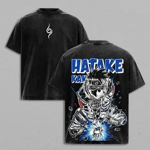 Kakashi Hatake Washed Vintage T-Shirt Menswear Heavy Cotton Top Naruto Anime Manga Sharingan Copy Ninja Double Printed Graphic Tee Unisex Oversize Hoodie Sweatshirt Gift for Anime Fans