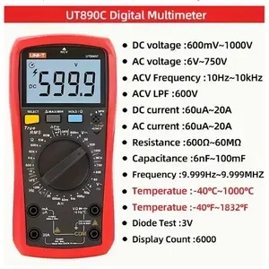 Uni-T Ut890c/ut890d+ Digital Multimeter, Trms 6000 Counts, Dc Ac Voltage Tester, Ohm Meter, Diode Test, Home Plug and Car Battery Testing
