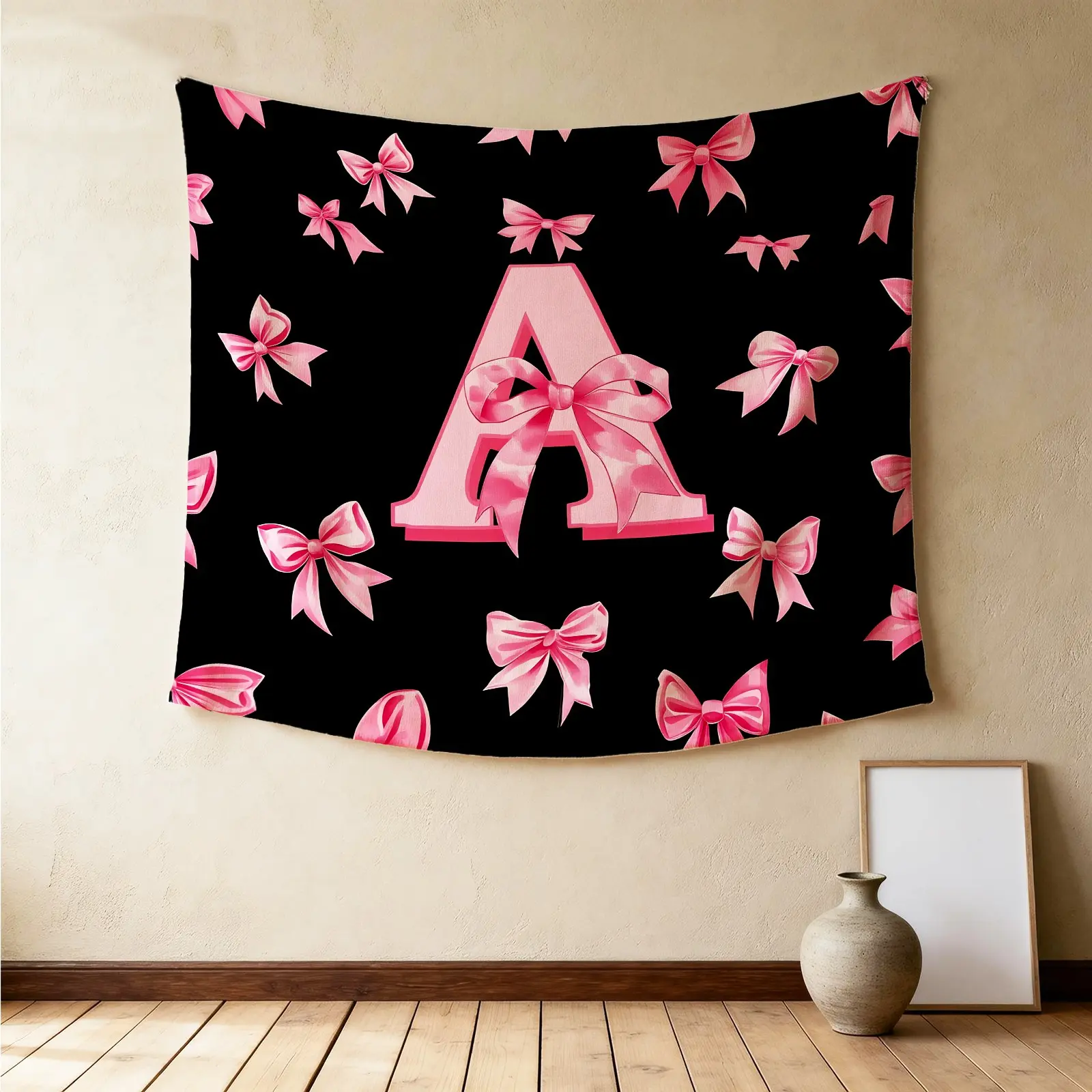 Custom Letter Bow Wall Tapestry, Black & Pink Color Block Print, Natural Drape Highly Decorative, Perfect for Graduation Season Dorm Rental Room Wall Girly Renovation