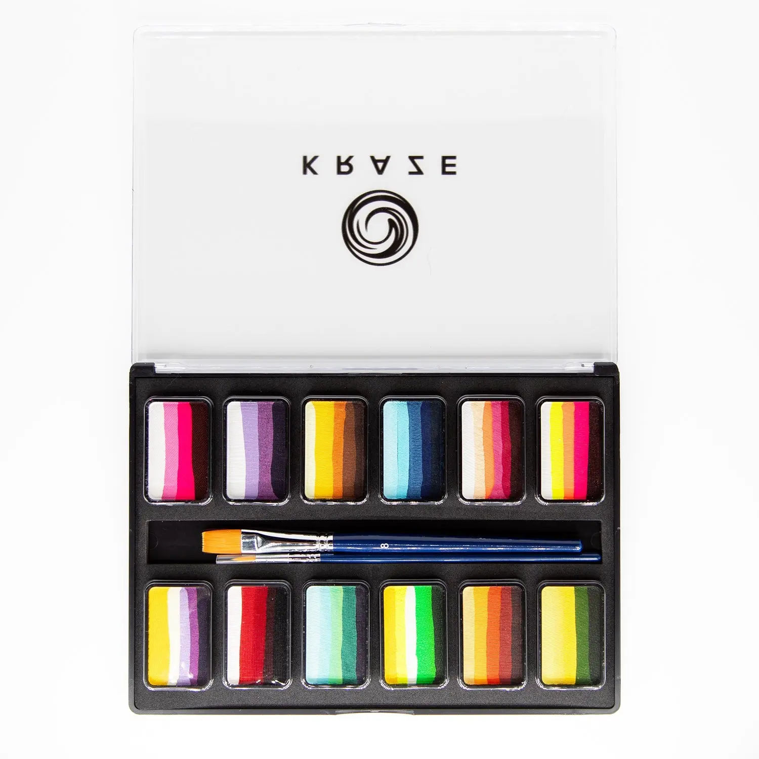 Kraze FX 12-Color Flower Bouquet Split Cake Face Paint Palette Set, 12x10g Vegan Cruelty-Free Wax-Based Hypoallergenic High-Coverage Multi-Tone Cream Kit with Metallic, Neon Pink, Peach, Ultramarine Blue Shades, Glycerine, 2 Brushes, Non-Toxic for Adults