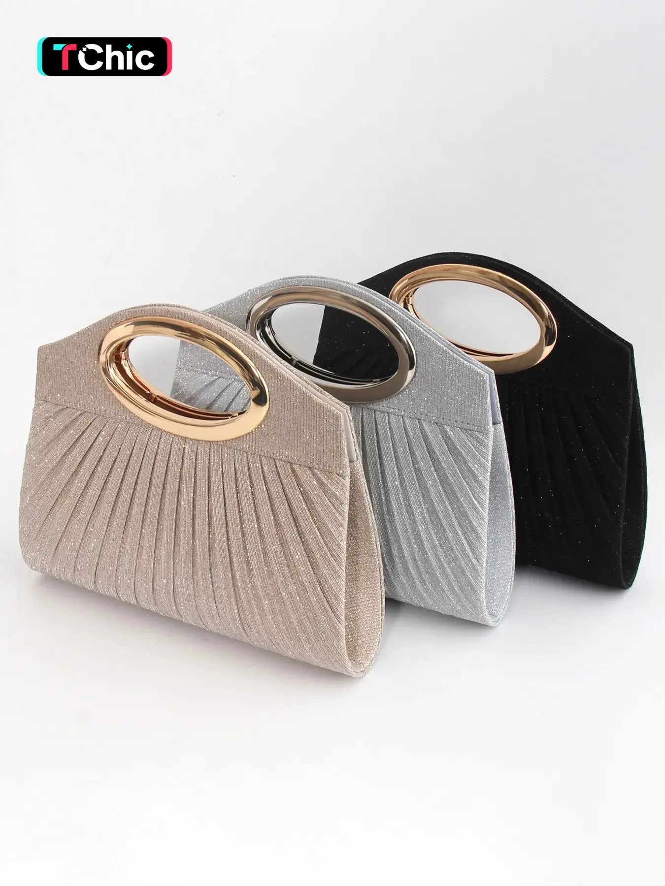 Mother's Day Sparkling Metal Ring Handle Evening Clutch, Trendy Clutch Bag, Crossbody Purse for Women, Surface Pleated Design, Dual Magnetic Clasp Closure, Chain Shoulder Crossbody Bag, Suitable for Weddings, Parties
