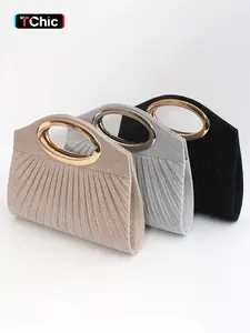 Mother's Day Elegant Sparkling Metal Ring Handle Evening Clutch for Women, Surface Pleated Design, Dual Magnetic Clasp Closure, Versatile Chain Shoulder Crossbody Bag, Suitable for Weddings, Parties and Graduation Season