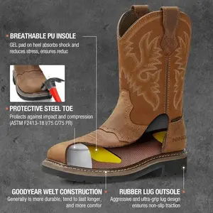 Men's Western Cowboy Boots Waterproof Square Toe Steel/Soft Toe Work Boots Men's Safety Toe Leather Work Boots (Sports & Outdoor)(Sports & Outdoor)