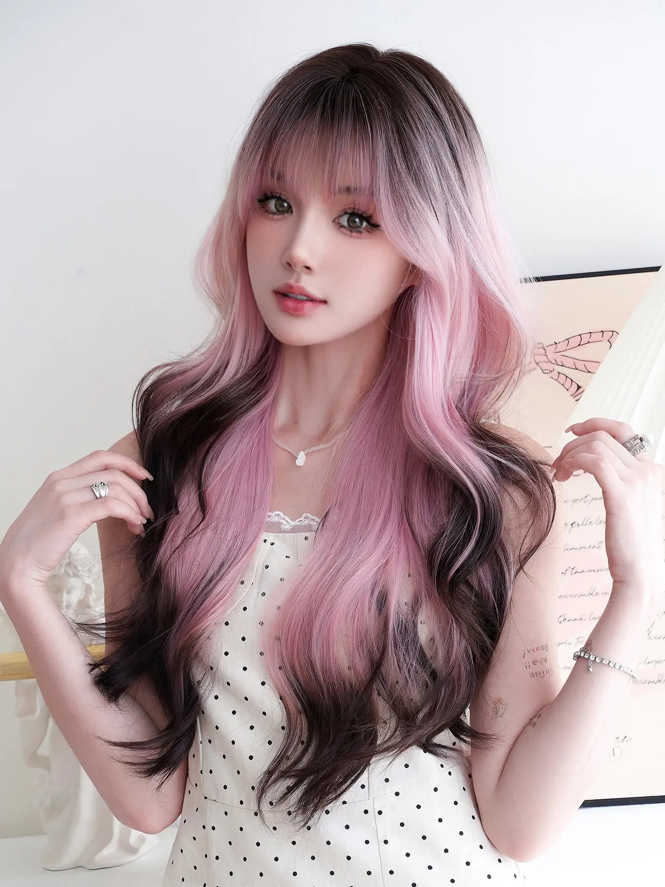 26 Inch Ombre Long for Women, Natural Fluffy Synthetic Curly Wigs with Bangs, Heat-resistant Fiber for Party, Daily Hairstyle Ideas, Synthetic Material Wigs