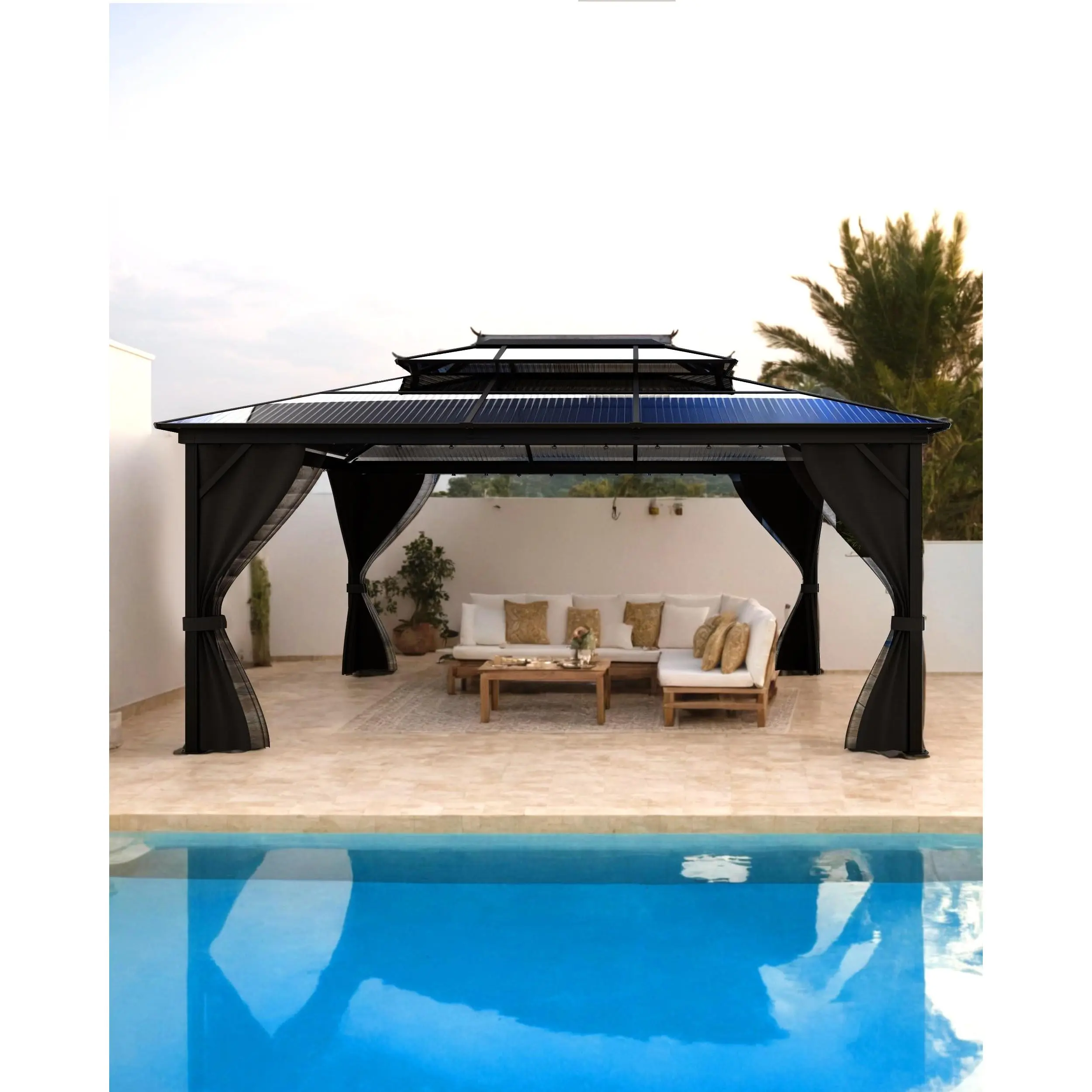 Garvee 10 ft x12 ft Hardtop Gazebo for All Weather, Double Polycarbonate Sheets Roof, Aluminum Alloy Frame, Net, and Curtain, Permanent Building for Patio, Deck, Backyard, Lawn, and Garden, Gray