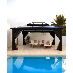 Garvee 10 ft x12 ft Hardtop Gazebo for All Weather, Double Polycarbonate Sheets Roof, Aluminum Alloy Frame, Net, and Curtain, Permanent Building for Patio, Deck, Backyard, Lawn, and Garden, Gray