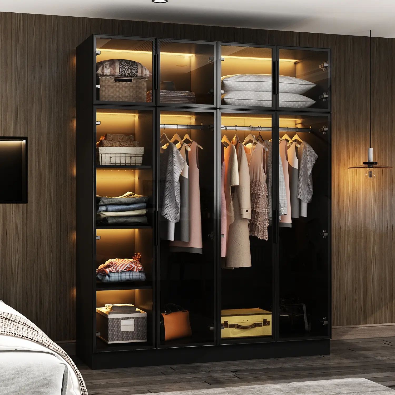 FUFU&GAGA Wardrobe Closet with Glass Doors & Colors Light, Large Bedroom Organizer with Shelves