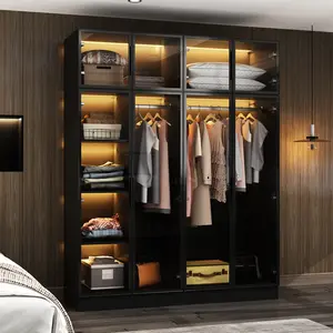 FUFU&GAGA Wardrobe Closet with Glass Doors & Colors Light, Large Bedroom Organizer with Shelves