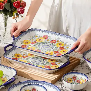 2/4 pieces of 12 inch ceramic fish plates, sushi plates, modern ceramic plates, Bohemian style, blue color scheme, floral pattern, easy to hold with double ear handles, not hot to the touch, can steam fish, serve dishes, microwave safe, machine washable