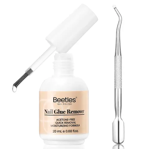 Beetles Press-On Nail Glue Remover Kit - Gentle Steel Cuticle Pusher, Brush, Quick-Drying Adhesive Remover, 60-Sec Wait, 20 ml Nail Products for Manicure, Mini Toiletries for Purse Gift (Not for UV Gel Glue or Gel Polish)