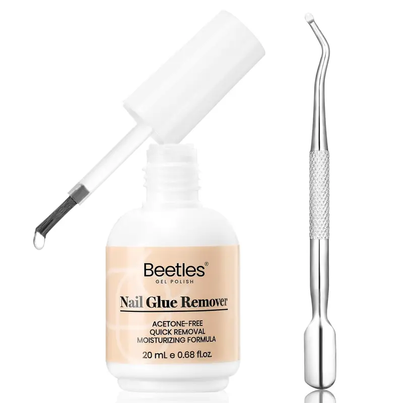 Beetles Press-On Nail Glue Remover Kit - Gentle Steel Cuticle Pusher, Brush, Quick-Drying Adhesive Remover, 60-Sec Wait, 20 ml Nail Products for Manicure, Mini Toiletries for Purse Gift (Not for UV Gel Glue or Gel Polish)