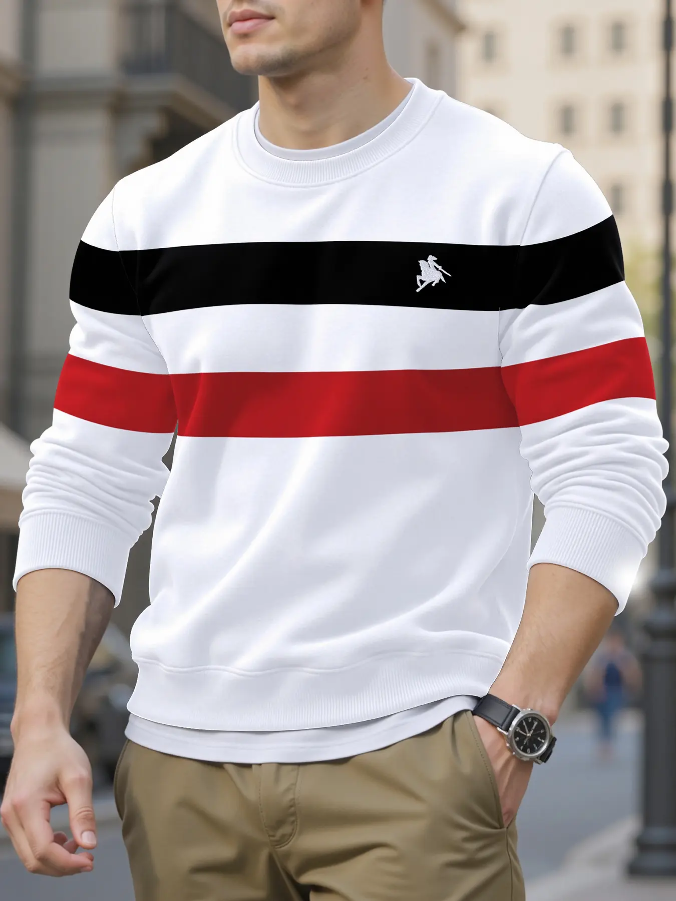 Men's Colorblock Casual Fashion Knight Embroidered Pullover Hoodie, Menswear Fall & Winter Outdoor Warm Fitted Long Sleeve Sweatshirt, Moderate Fabric, Casual Sporty Hoodies, Embroidery, Colorblock Hooded Sweatshirts