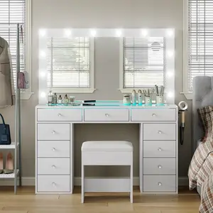 Vanity Desk Makeup Station with Tempered Glass Top Power Outlet 11 Drawers 3 RGB Illuminated Storage 12 LED Lights Dressing Table Bedroom Furniture Vanity Set with Chair Modern Vanity Table for Cosmetics Organization summervibes
