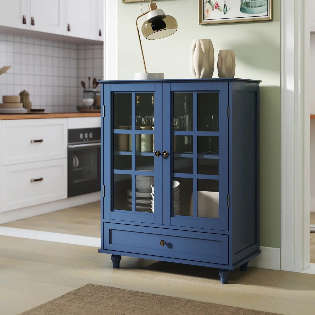 Vintage Blue MDF Buffet Cabinet (28x15x36.22 in) - UV Eco-Painted Sideboard with Tempered Glass Door, Adjustable Shelf, Bottom Drawer, Solid Wood Legs, Bronze Handles, Easy-Assembly Large-Capacity Hinged Adjustable Storage Cabinet, Adjustable Storage Cabi