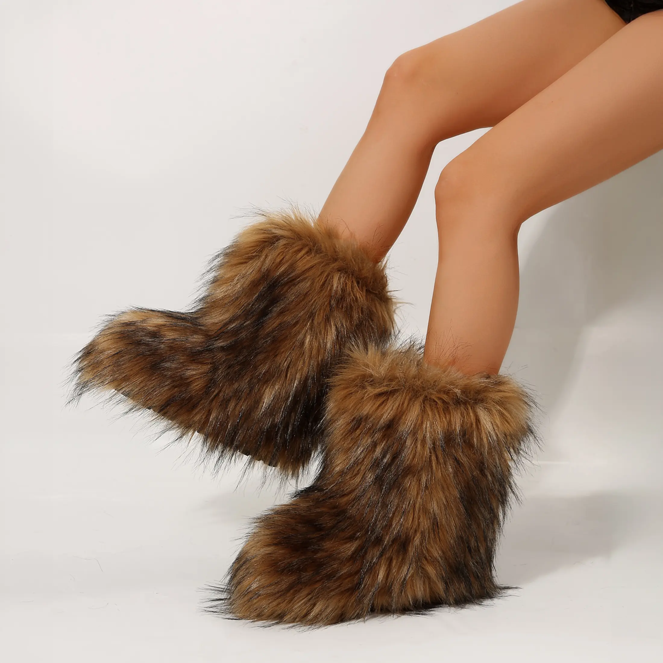 Women's Plush Furry Snow Boots Thick Warm Faux Fur Lined Mid-Calf Winter Indoor Outdoor Shoes