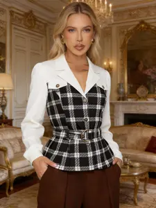 Women's Textured Plaid Blazer Jacket, Pure Long Sleeve, Metal Buckle Waistband, Vintage Style, Casual Office Wear