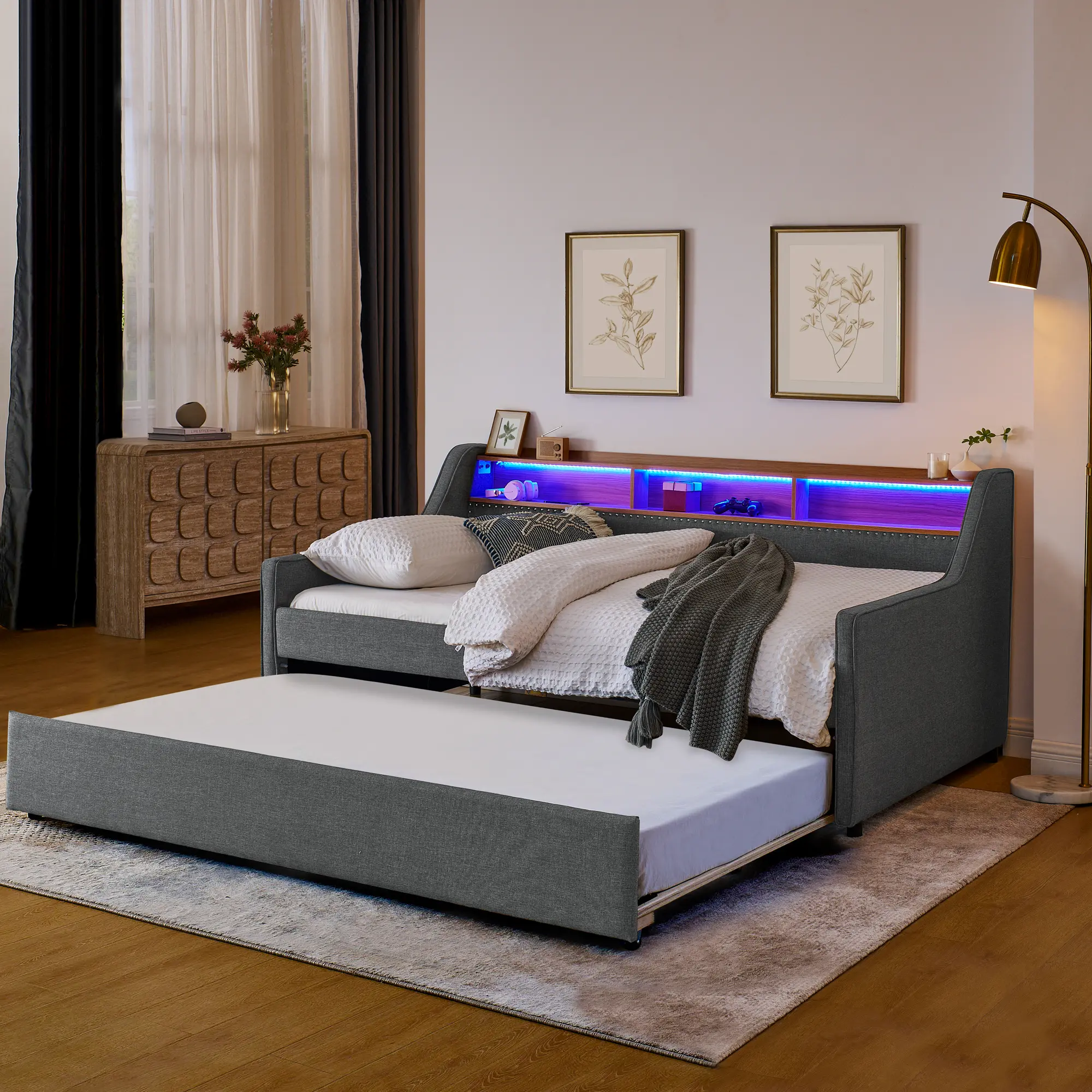Niccae Twin Size Linen Padded Upholstery Daybed with Trundle - Grey Bed Frame, 3 Built-in LED Lights, Storage, Adjustable Headboard, Foldable Legs, Wireless Charging Function, RGB Lighting Bed Frame, Bed Frame With Lights Bed Frames