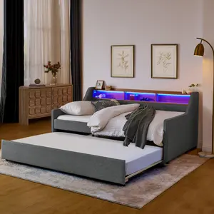 Niccae Twin Size Linen Padded Upholstery Sofa Bed Daybed with Trundle - Grey Frame, 3 LED Lights, Storage, Adjustable Headboard, Foldable Legs, Wireless Charging