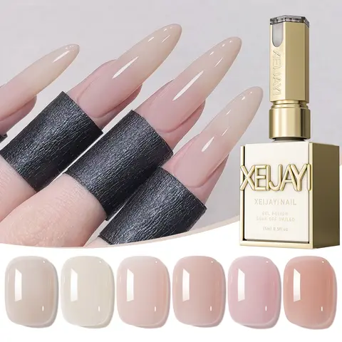XEIJAYI 6PCS 15ML (90ML Total) TPO-HEMA Free Assorted Colored Aesthetic Gel Polish Set, Alcohol-Free Long-Wear Semi-Permanent UV LED Pink Jelly Polish, Decorated Artificial Nail Art Supplies for Almond Nails, DIY Salon Use, Festive Gift (4 & Above)