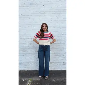 Colorful Striped Chunky Knit Short Sleeve Sweater
