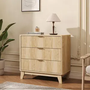 3-Drawer Ribbed Wooden Dresser Furniture – Large Storage, Anti-Tip, MDF Wood, Versatile Side & Bedside Table， Beige